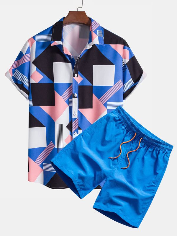Color Block Stripe Print Shirt & Swim Shorts