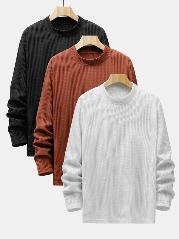 3 Pieces Long Sleeve Knitted Waffle Mock Neck T-Shirts