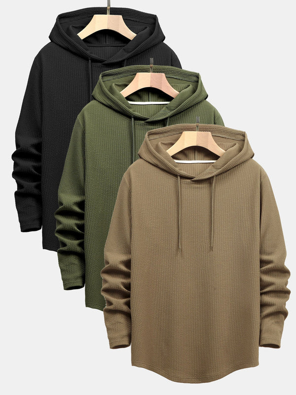 3 Pieces Long Sleeve Muscle Fit Ribbed Arc Hem Hooded T-Shirts