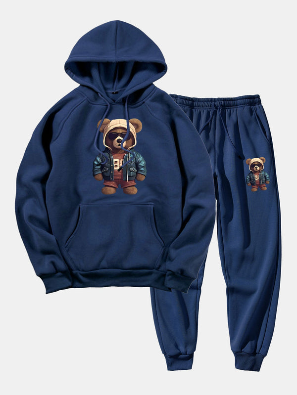 Bear In Leather Jacket Print Hoodie & Jogger Pants