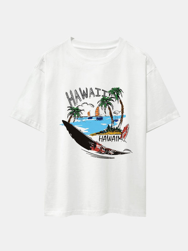 Hawaii Beach Print Drop Shoulder Oversize T-Shirt