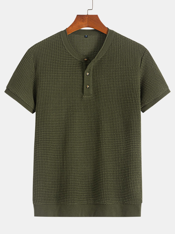 Henley Neck Textured Ribbed Hem T-Shirt