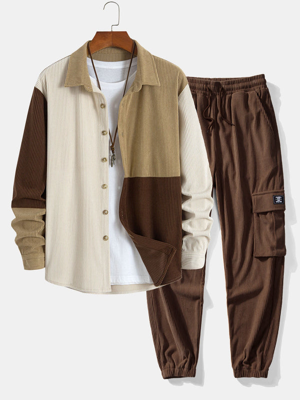 Colorblock Corduroy Button Up Shirt & Drawstring Corduroy Cargo Jogger Pants