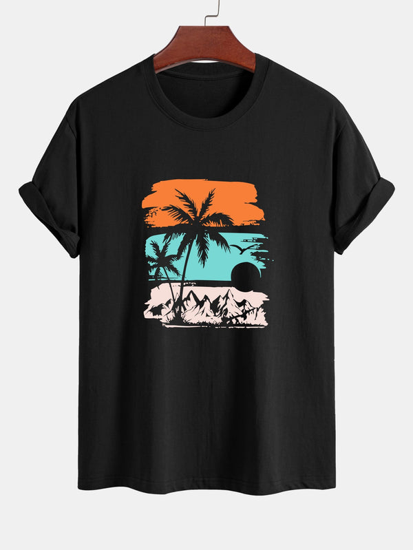 Regular Fit Palm Tree Silhouette Print Cotton T-Shirt