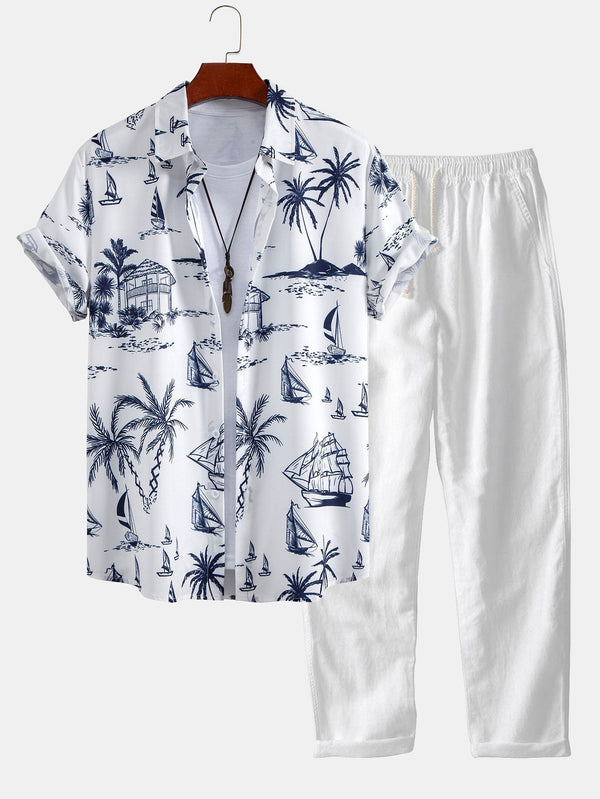 Island Sailing Print Button Up Shirt & Straight Leg Linen Pants