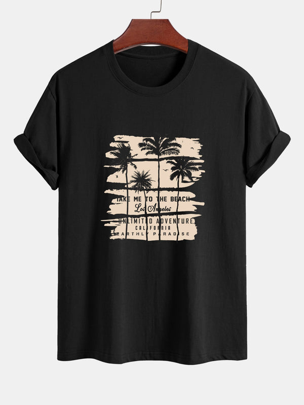 Regular Fit Beige Palm Tree Silhouette Print Cotton T-Shirt