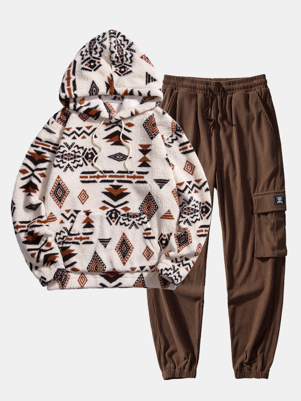 Aztec Print Teddy Hoodie & Drawstring Corduroy Cargo Jogger Pants