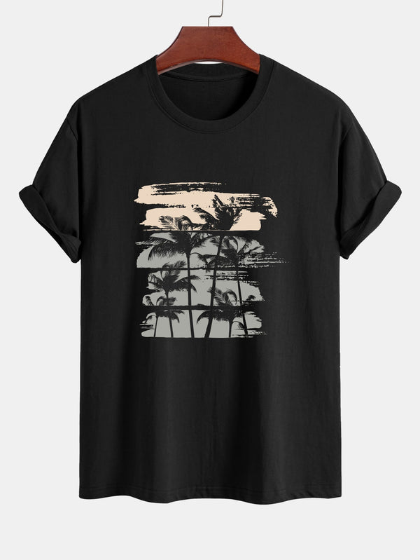 Regular Fit Beige Palm Tree Silhouette Print Cotton T-Shirt
