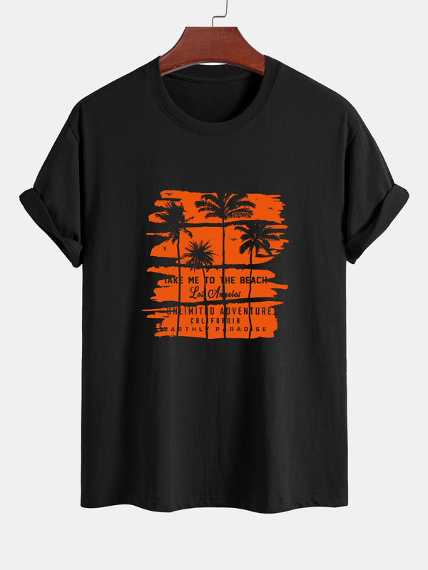 Regular Fit Orange Palm Tree Silhouette Print Cotton T-Shirt