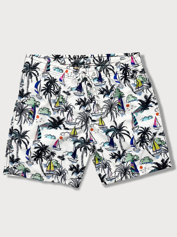 Palm Tree Sailboat Print Swim Shorts