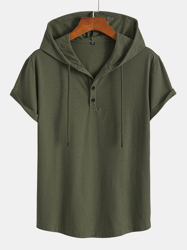 Short Sleeve Henley Hooded T-Shirt