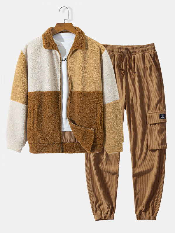 Color Block Teddy Fleece Coat & Drawstring Corduroy Cargo Jogger Pants