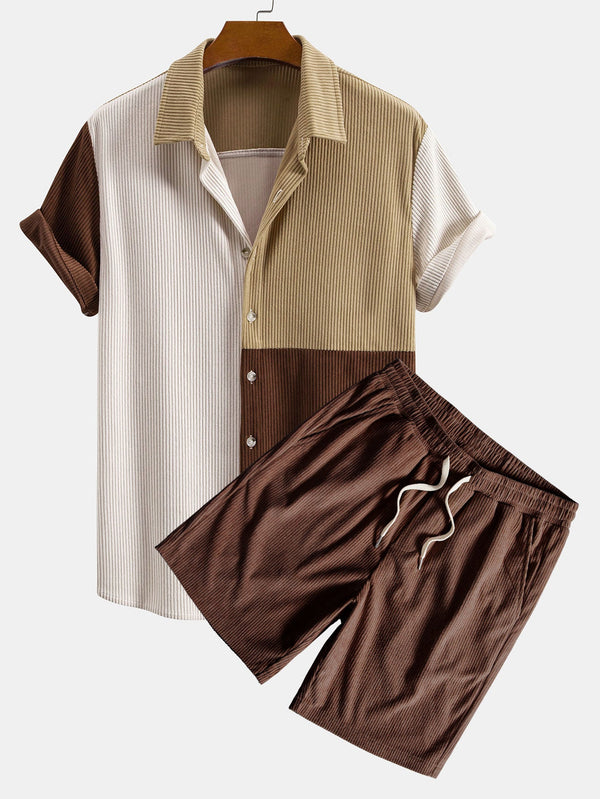 Colorblock Button Up Corduroy Shirt & Corduroy Drawstring Shorts