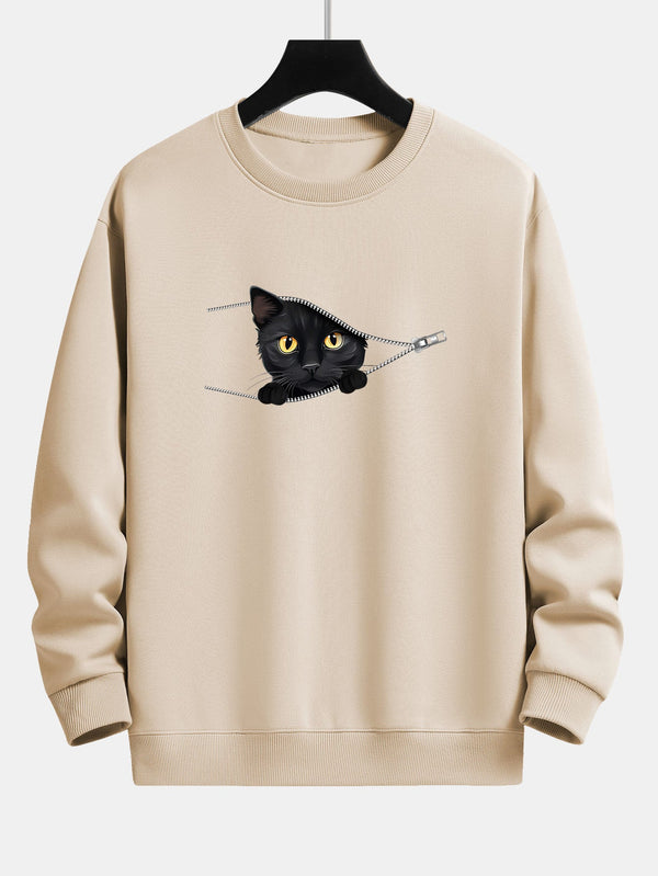 Zipper Black Cat Print Relax Fit Sweatshirt