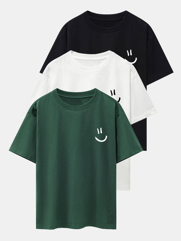 3 Pieces Smiley Face Print Drop Shoulder Oversize T-Shirts