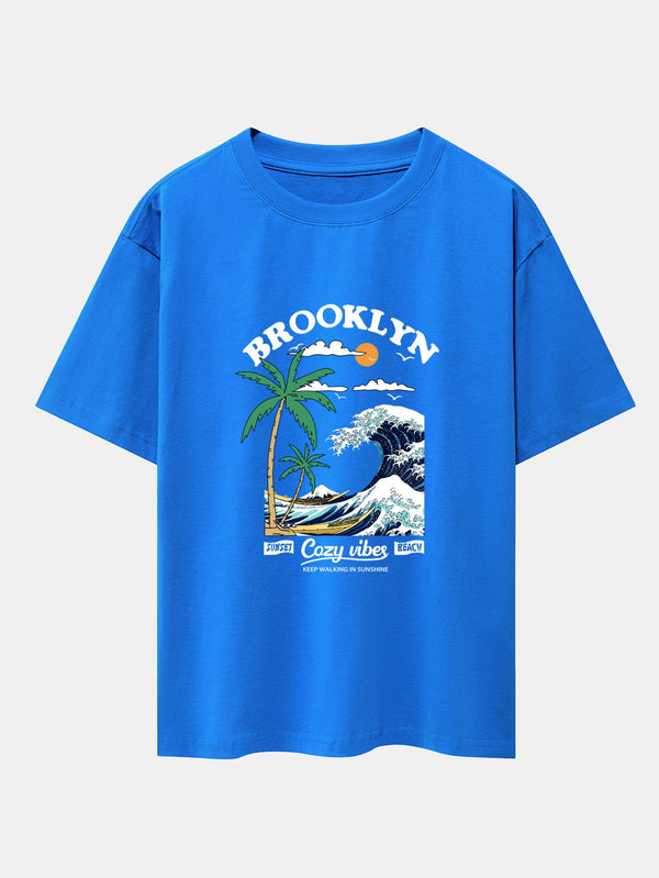 Beach Waves Print Drop Shoulder Oversize T-Shirt