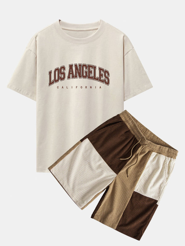 Los Angeles Print Heavy Weight Oversize T-Shirt & Colorblock Corduroy Shorts