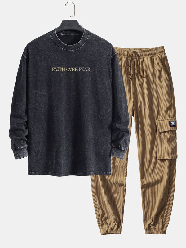 Faith Over Fear Print Relax Fit Washed Distressed T-Shirt & Drawstring Corduroy Cargo Jogger Pants