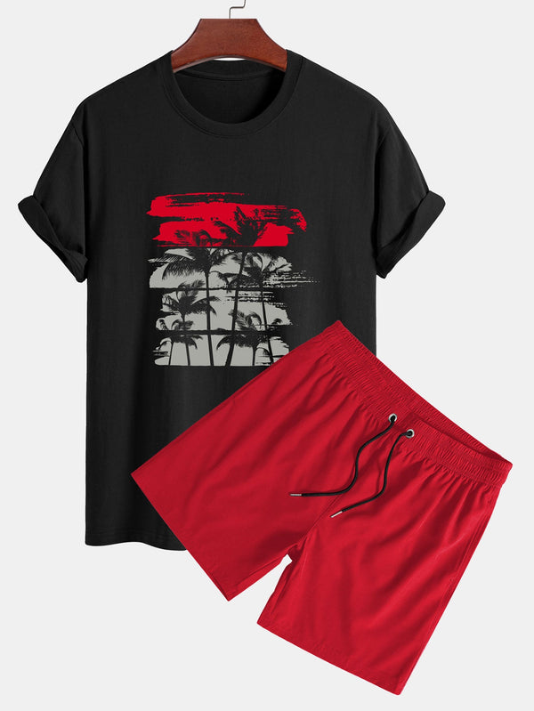 Palm Tree Silhouette Print Cotton T-Shirt & Solid Drawstring Swim Shorts