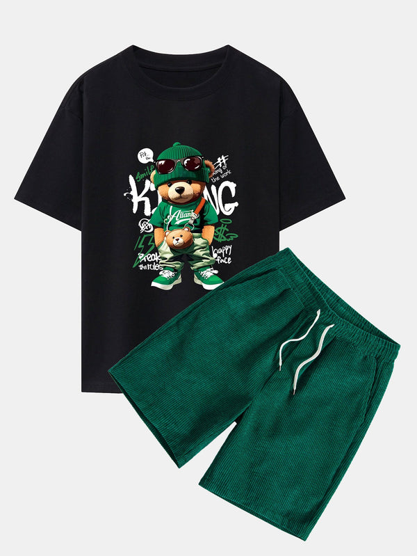 Graffiti Bear Print Drop Shoulder Oversize T-Shirt & Drawstring Corduroy Shorts