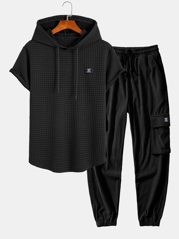 Waffle Hooded Arc Hem T-Shirt & Drawstring Corduroy Cargo Jogger Pants