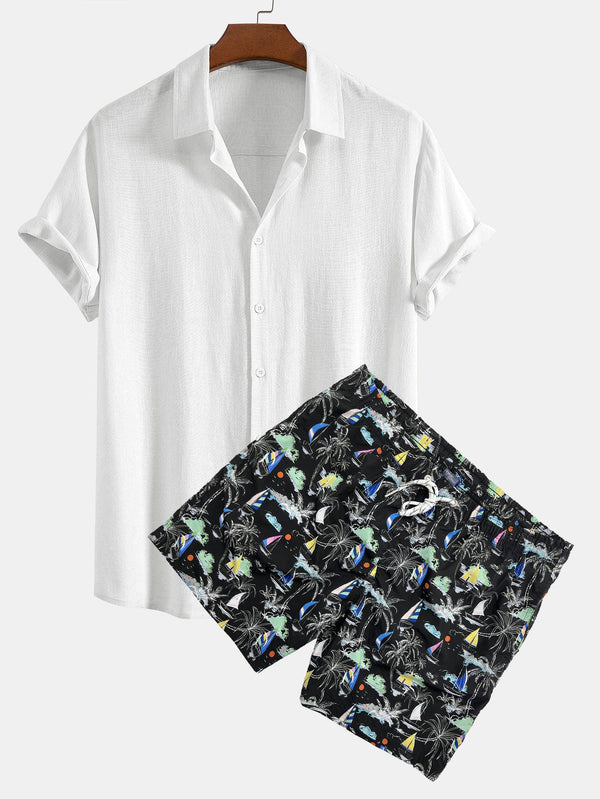 Linen Rayon Blend Button Up Shirt & Palm Tree Sailboat Print Swim Shorts