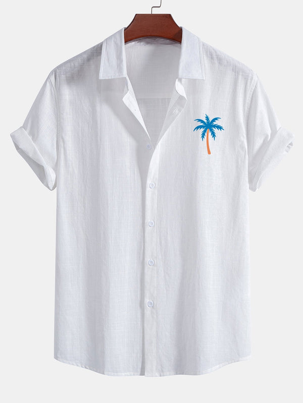 Blue Palm Tree Print Linen Look Cotton Button Up Shirt