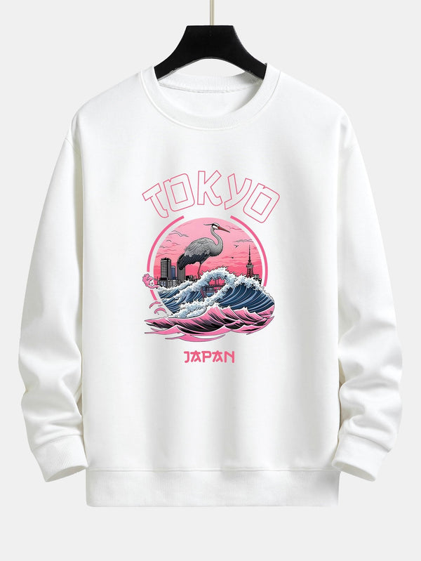 Tokyo Wave Crane Bird Print Relax Fit Sweatshirt