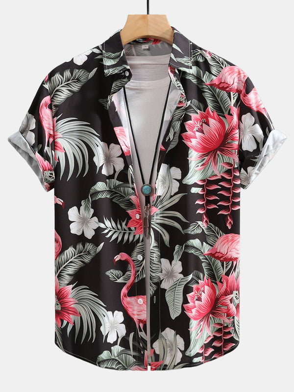 Flamingo Flower Print Button Up Shirt