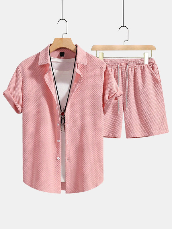 Checkerboard Texture Button Up Shirt & Drawstring Shorts