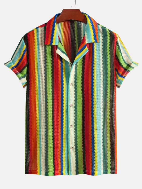 Colorful Striped Waffle Texture Cuban Shirt